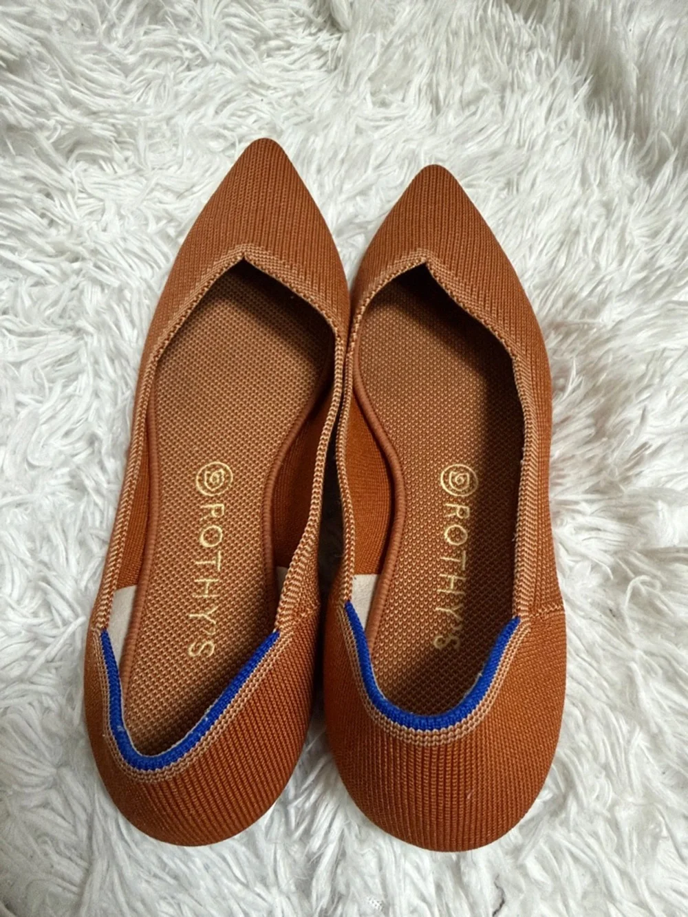 Rothy's Pointed Toe Flats in Rust with Blue Trim - Picture 4 of 10